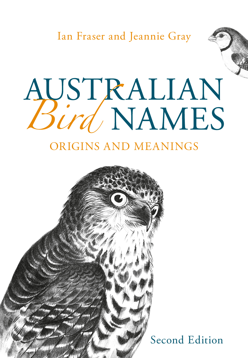 Cover of Australian Bird Names 2nd Edn featuring a line illustration of a powerful owl peering out from the cover with one eye