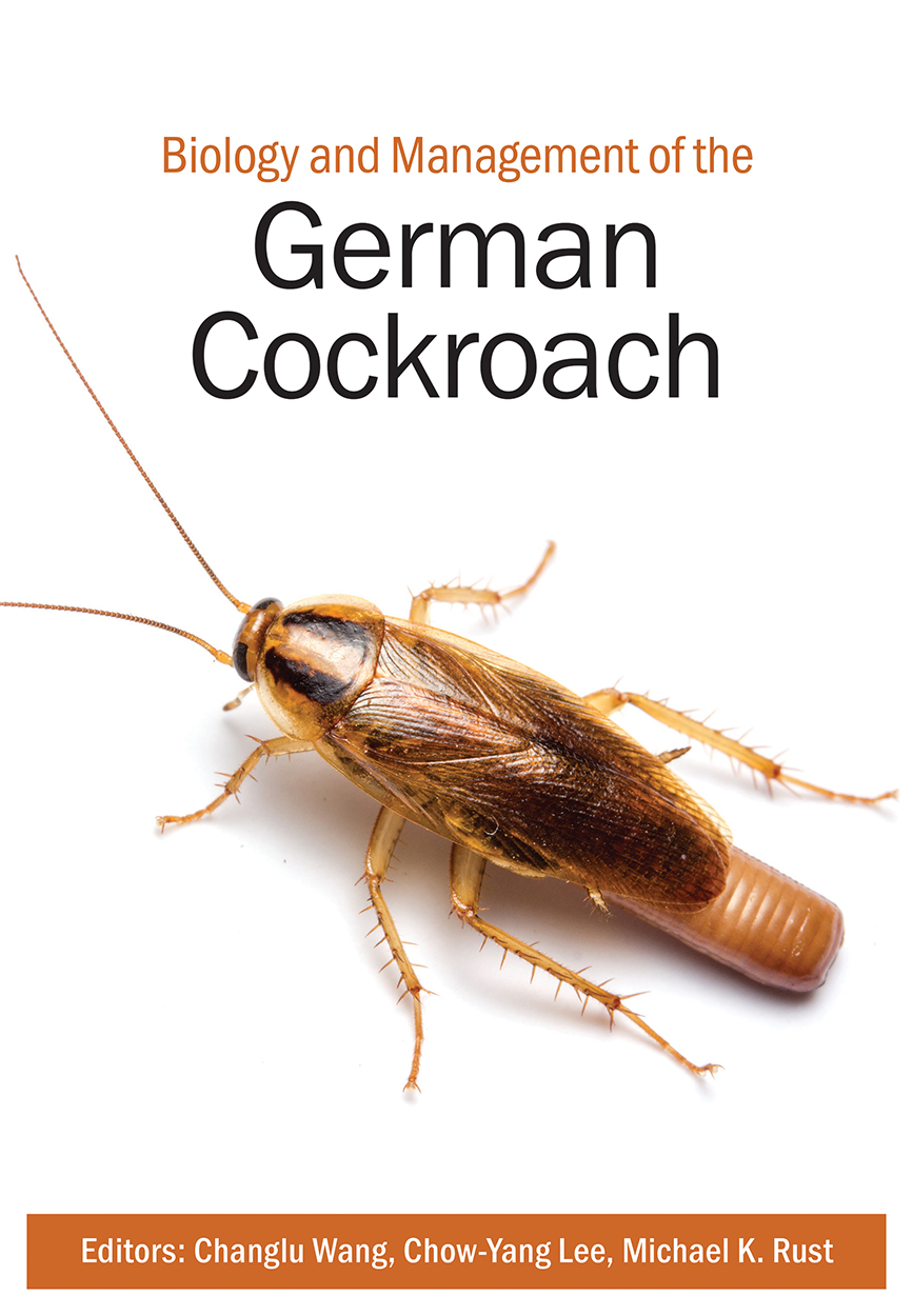 Cover of 'Biology and Management of the German Cockroach' featuring a large photo of a light brown cockroach on a white background.