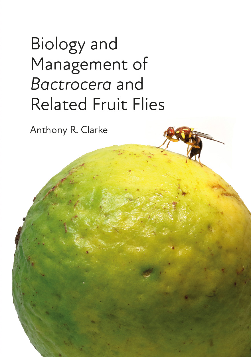 Cover of Biology and Management of Bactrocera and Related Fruit Flies featuring an image of a fruit fly perched on a large round citrus fruit on a whi