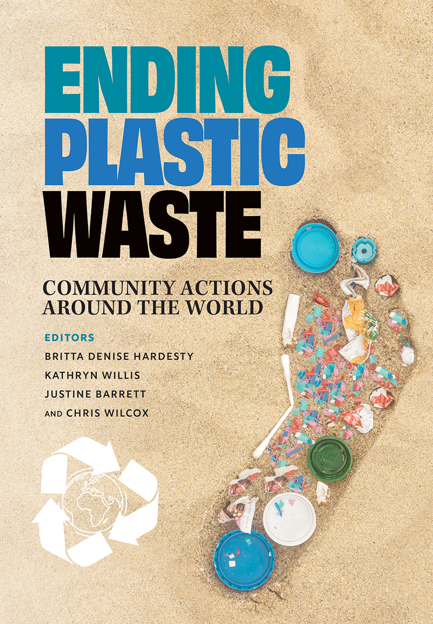 Cover of 'Ending Plastic Waste' featuring a footprint in sand filled with small pieces of plastic rubbish.