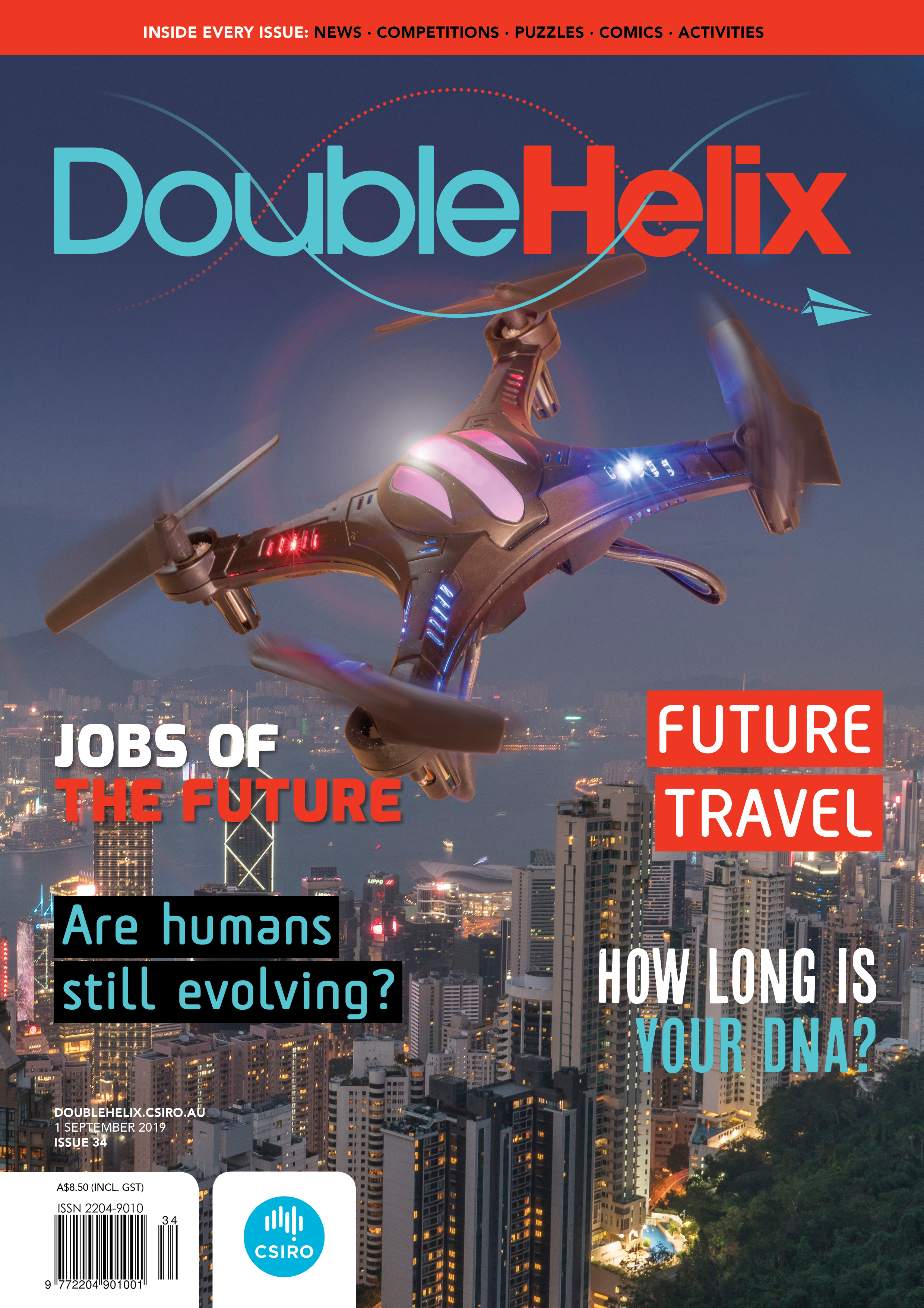 Cover of Double Helix magazine Issue 34 showing a large quadcopter flying above a city.