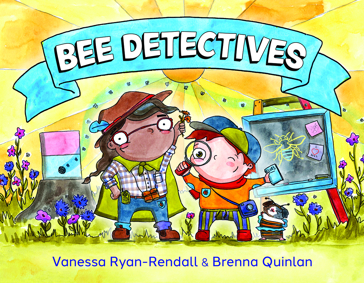 Cover of Bee Detectives, featuring a bright illustration of two children surrounded by a beehive, a chalkboard and wild flowers.