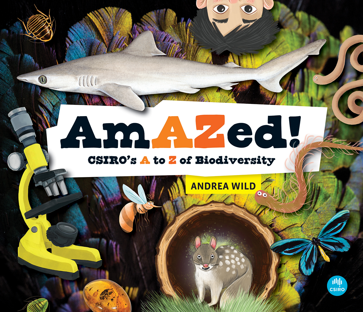 Cover of 'AmAZed!' featuring a mixture of photographs and illustrations surrounding the title, including a quoll, microscope, worm, shark and butterfl