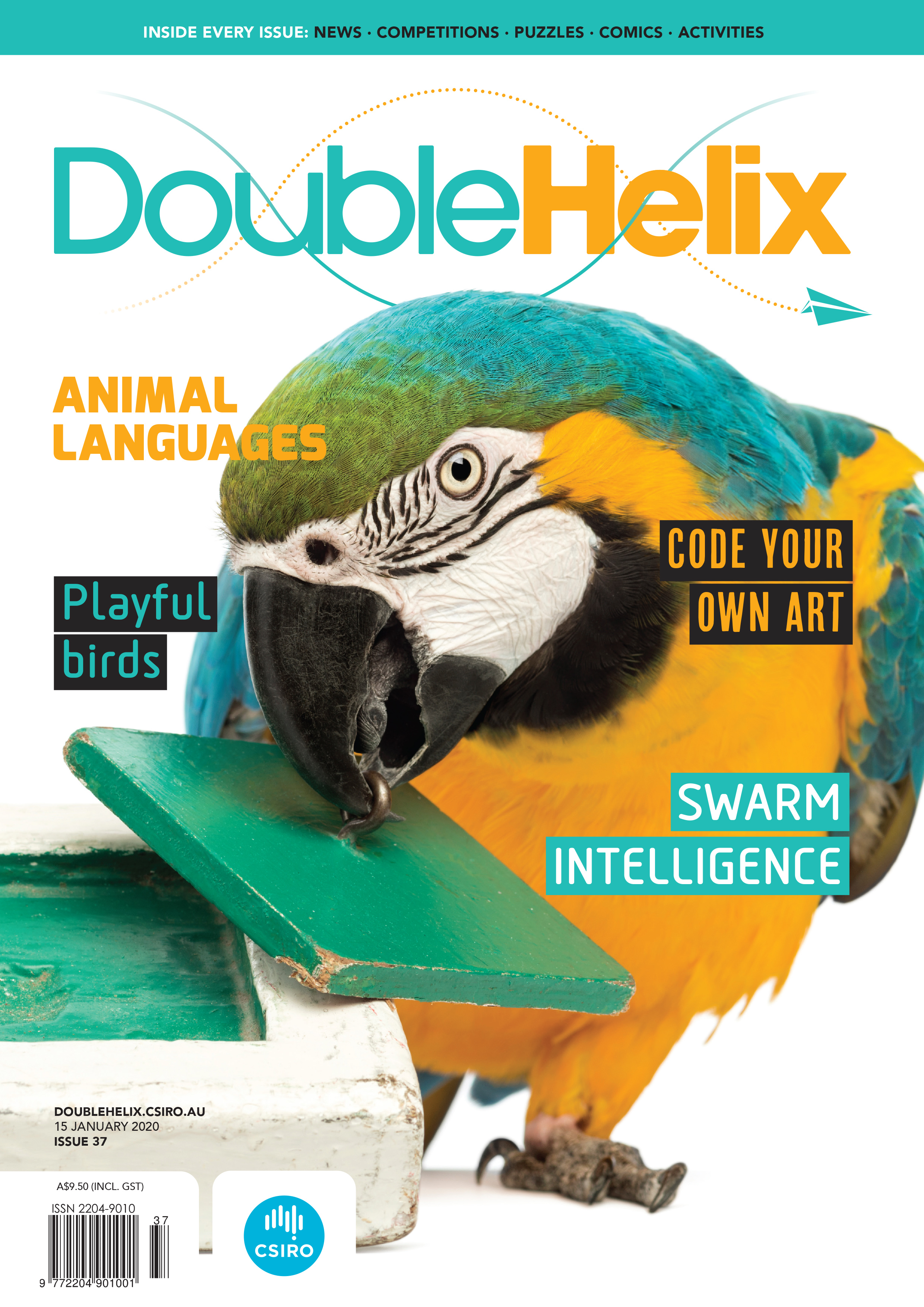 Cover of Double Helix magazine Issue 37 showing a blue-and-yellow macaw manipulating a green tile into a square hole using its beak.