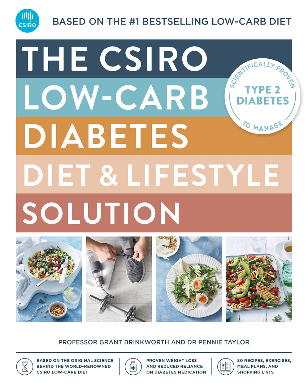 Cover of The CSIRO Low-Carb Diabetes Diet & Lifestyle Solution featuring bold title font and pictures of food and exercise.