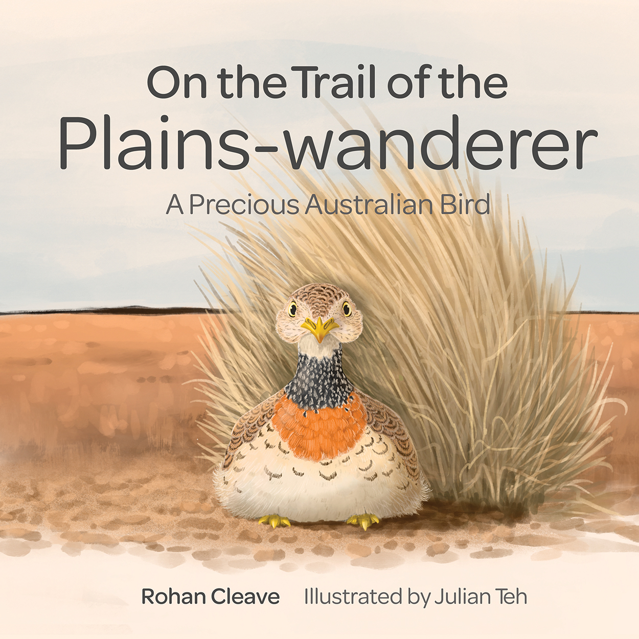 Cover of 'On the Trail of the Plains-wanderer', featuring an illustration of a plains-wanderer sitting next to a grassy tussock on a plain.