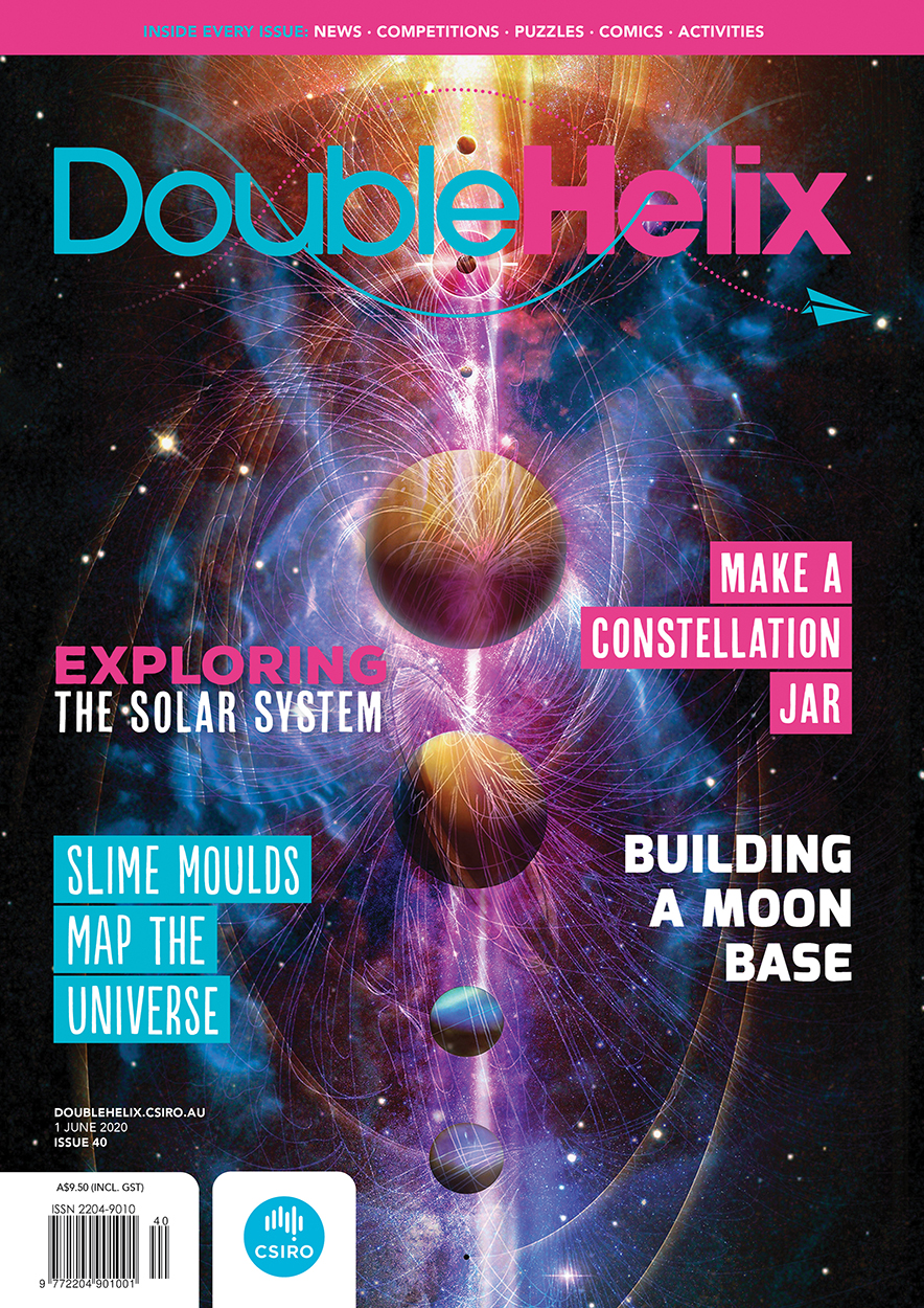 Cover of Double Helix magazine Issue 40 digital artwork of our solar system, with the planets arranged in a vertical line down the centre of the cover