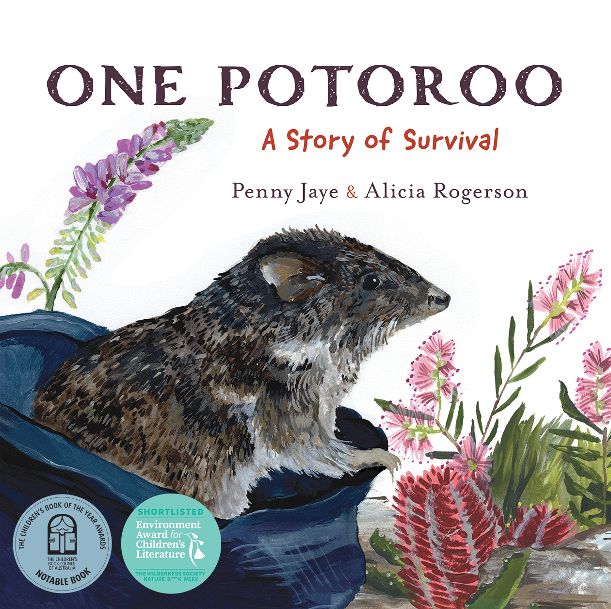 Cover of 'One Potoroo', featuring an illustration of a Gilbert's potoroo emerging from a cloth bag, surrounded by rocks and native plants on a white b
