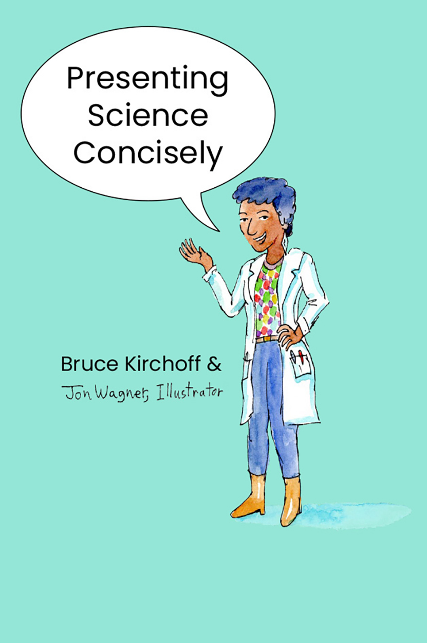 Cover of 'Presenting Science Concisely', featuring an illustration of a short-haired person in a labcoat with a speech bubble containing the title, up