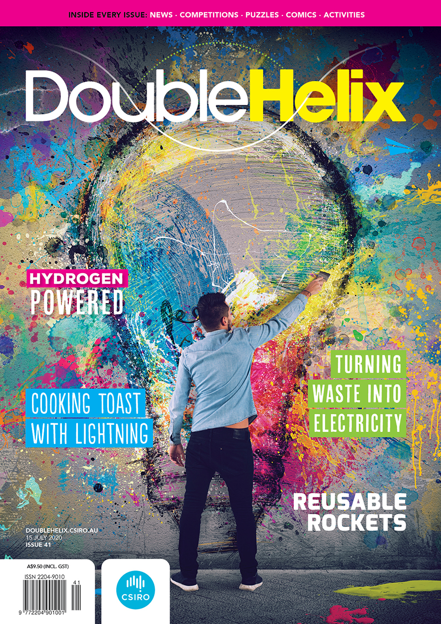 Cover of Double Helix magazine Issue 41, featuring a photograph of a man painting a large mural of a light bulb with splashes of colour.