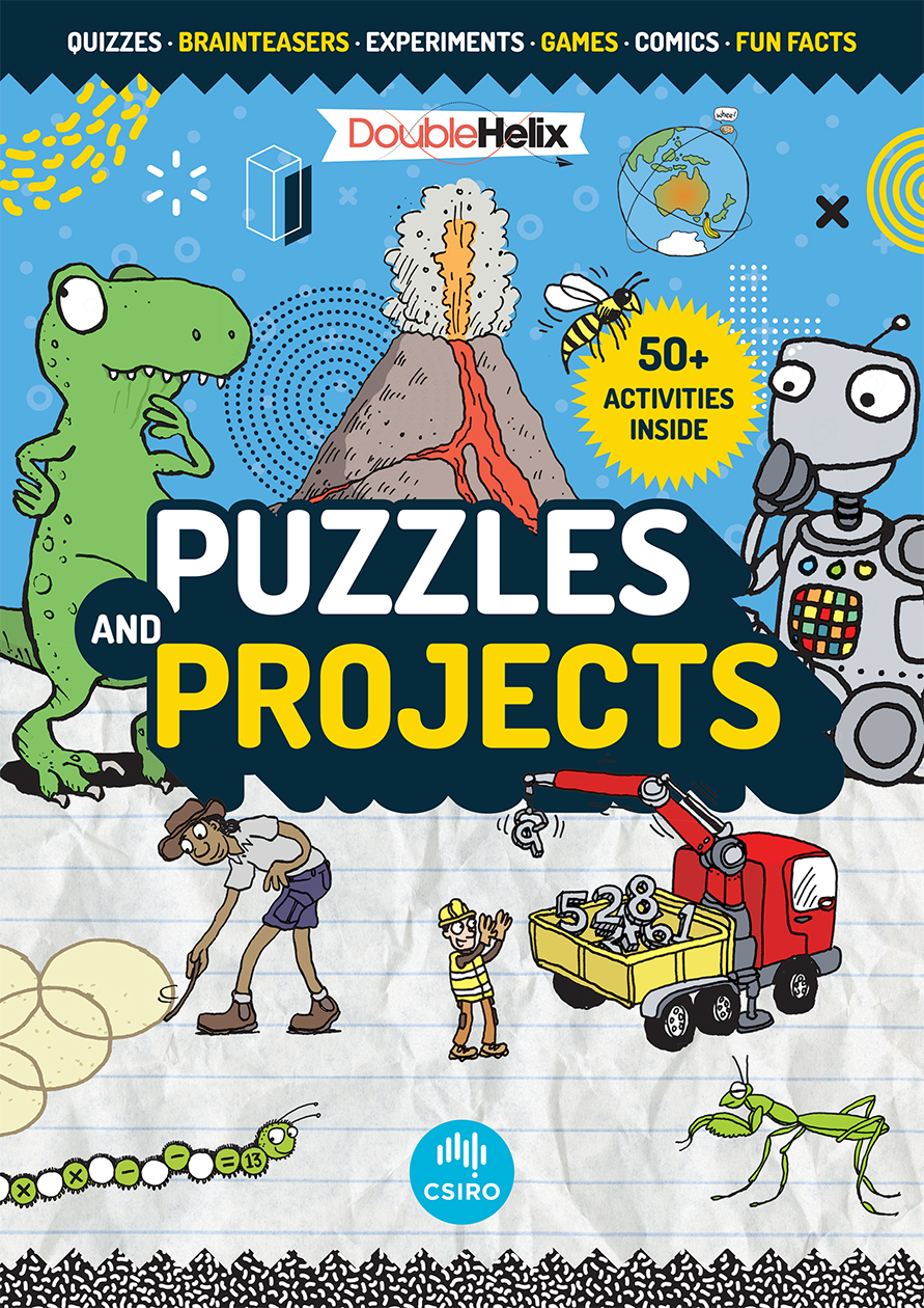Cover of 'Puzzles and Projects' featuring cartoony illustrations including a dinosaur, a robot, a volcano and people.