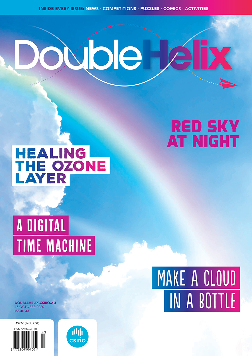 Cover of Double Helix magazine Issue 43, featuring a rainbow across a blue sky with white clouds.