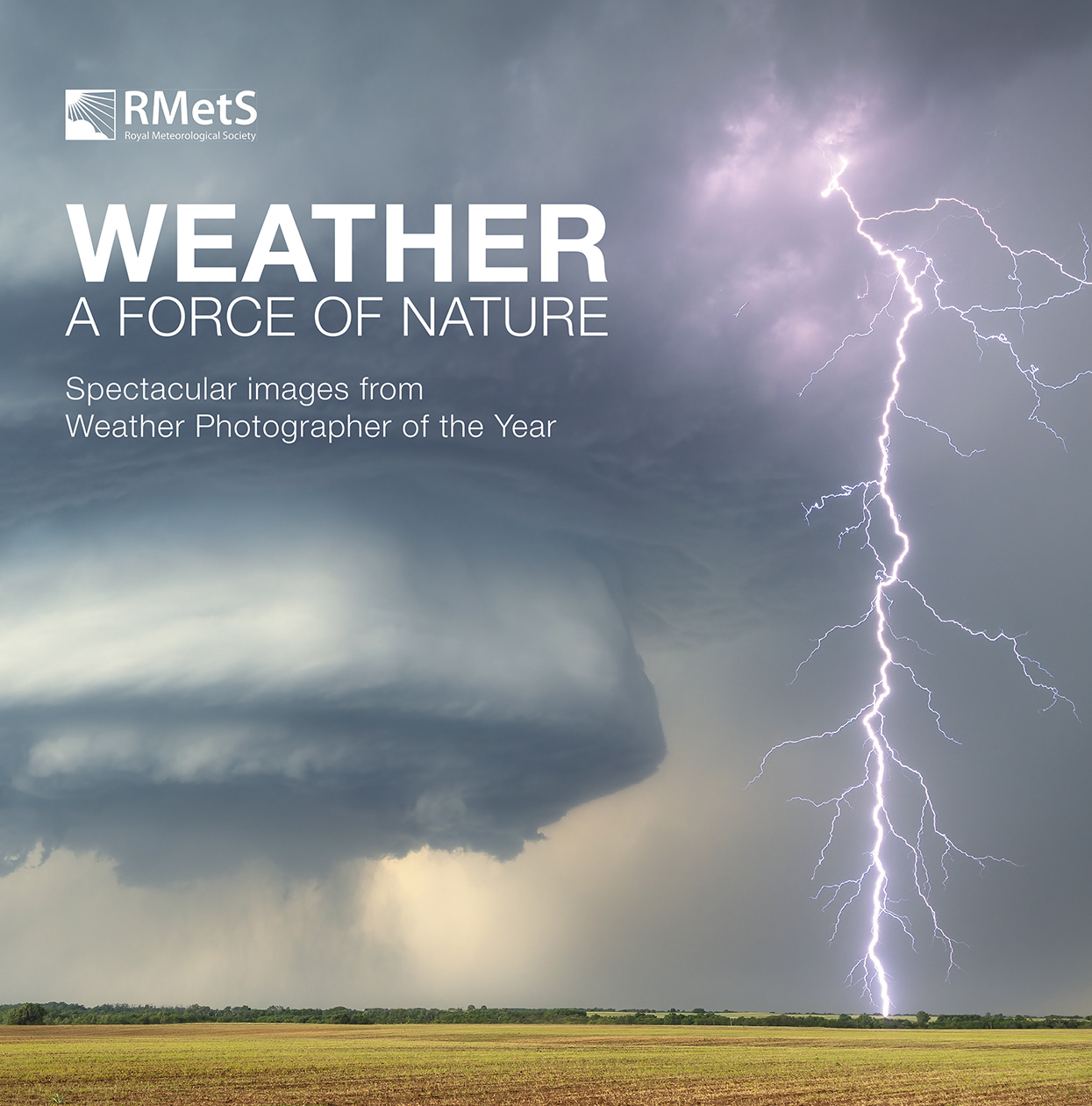 Cover of the book Weather, featuring a photo of a large, circular storm cloud above a yellow field, with a lightning strike hitting the ground.