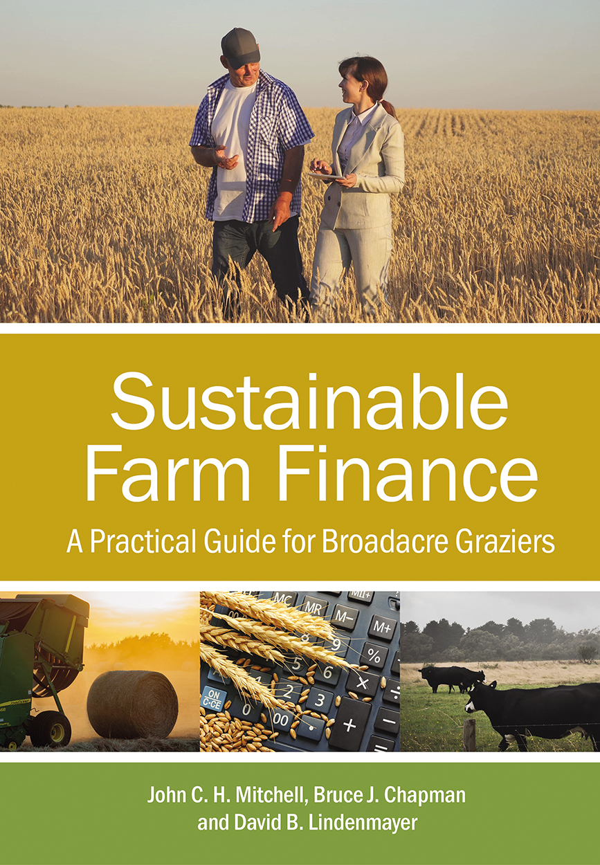 Cover of 'Sustainable Farm Finance', featuring photos of a man and woman talking in a wheat field, a hay baler, a calculator surrounded by grain, and