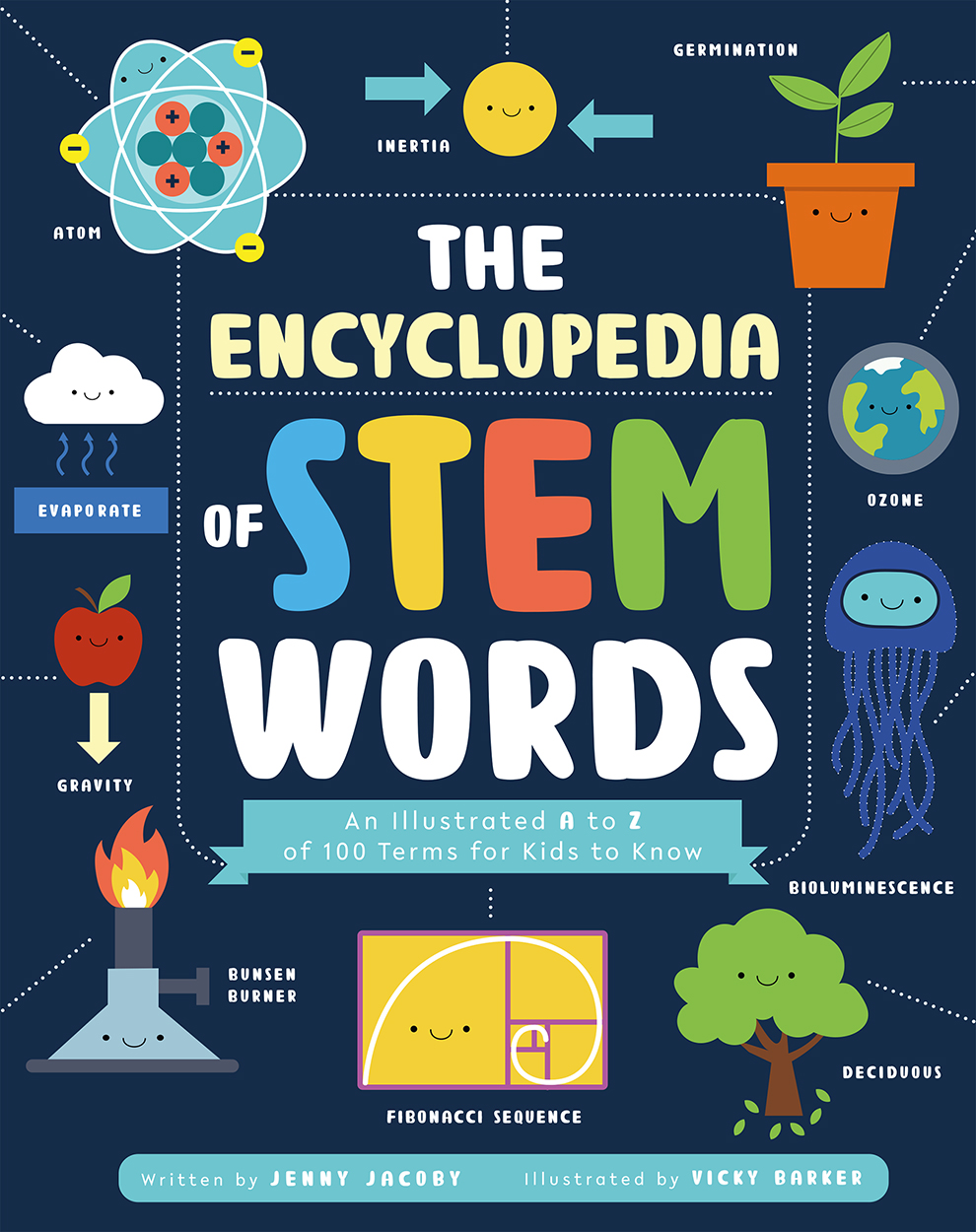 Cover of 'The Encyclopedia of STEM Words' showing a variety of graphics including a tree, the Earth, an atom, a cloud and a Bunsen burner.