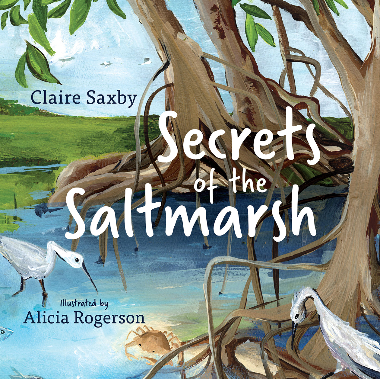 Cover of 'Secrets of the Saltmarsh', featuring an illustration of a saltmarsh with leafy mangrove trees at the edge of the water, and wading waterbird