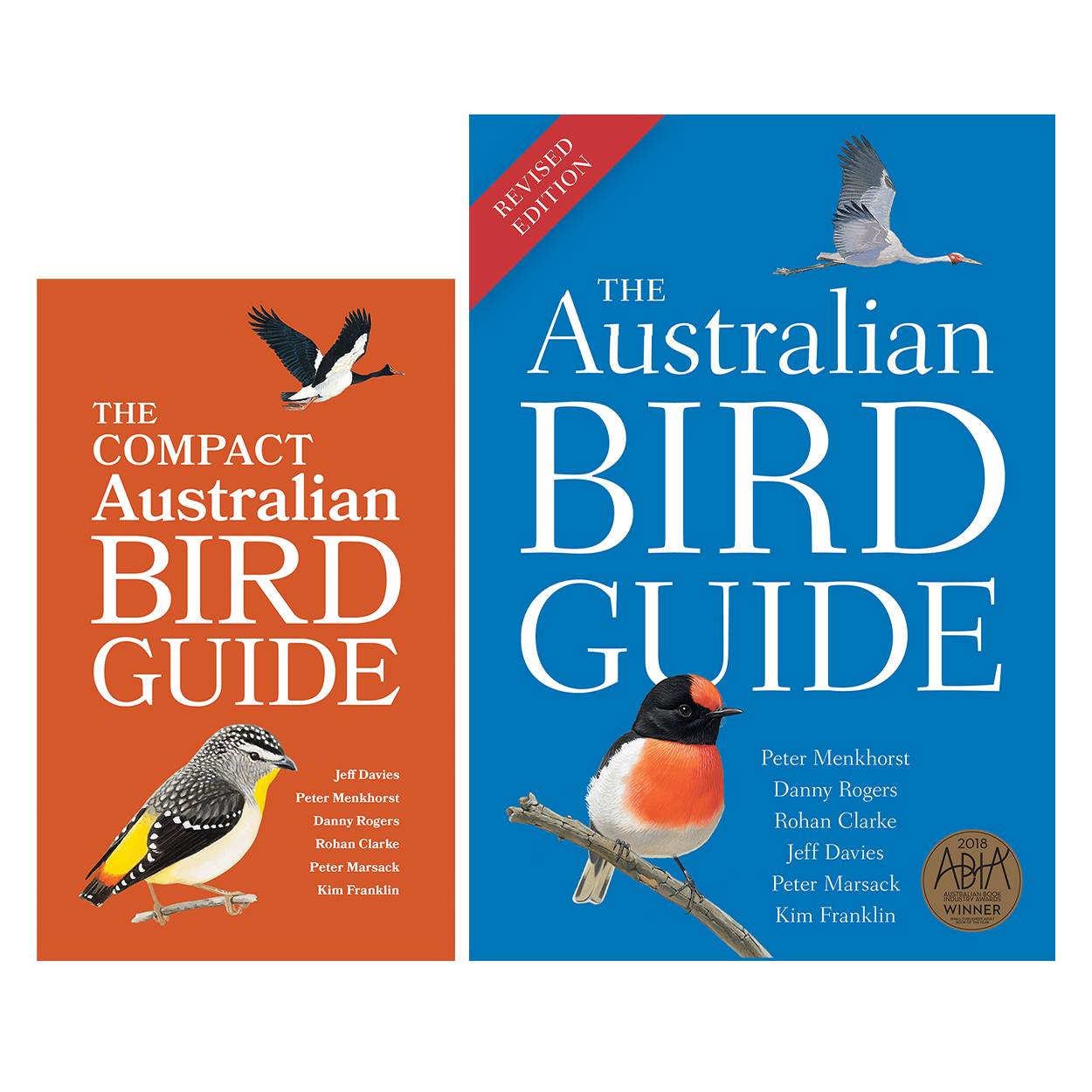 Two book covers side-by-side: the burnt orange cover of 'The Compact Australian Bird Guide' and the larger blue cover of 'The Australian Bird Guide'.