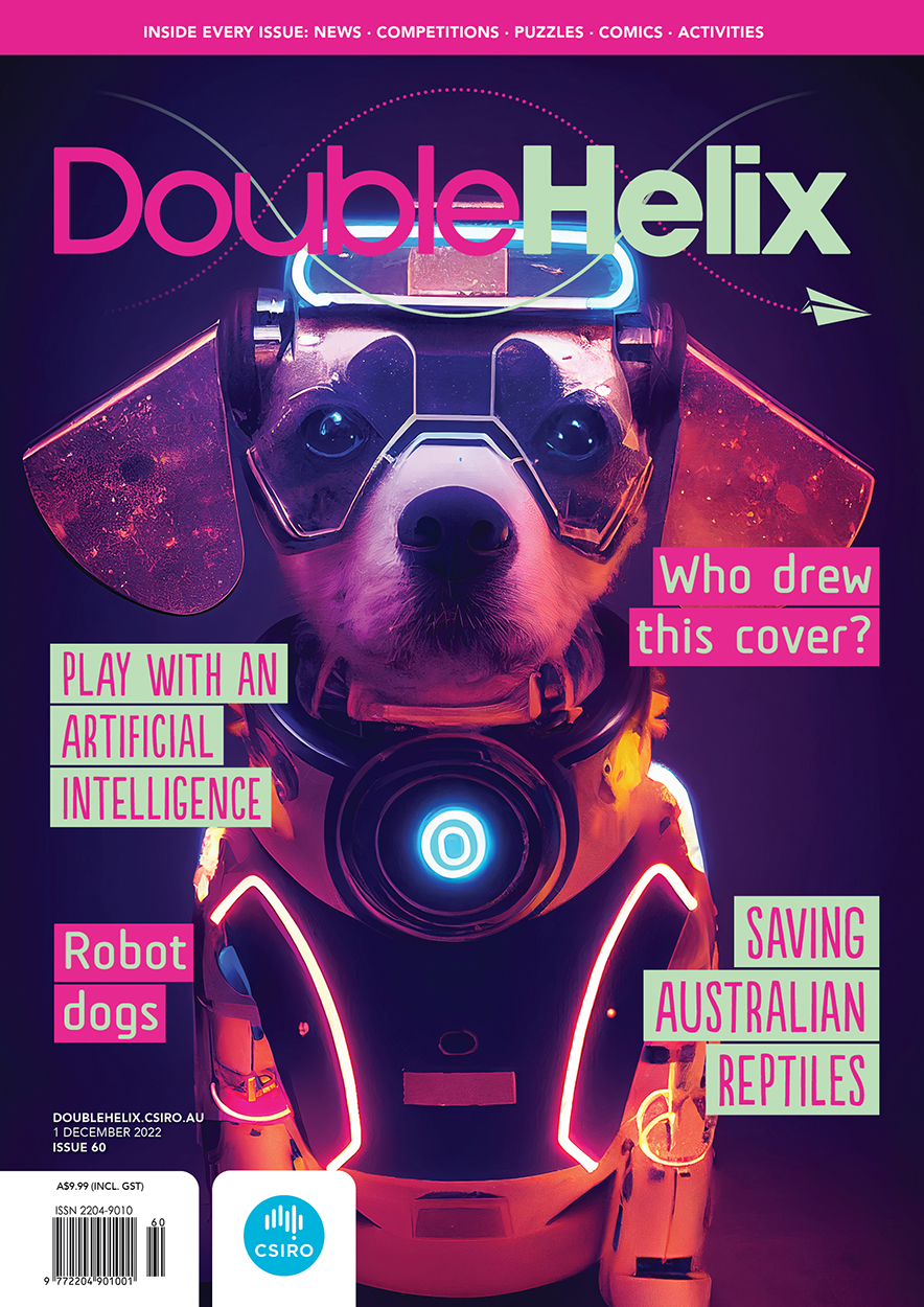 Cover of 'Double Helix' magazine issue 60, showing a digital illustration of a cyborg dog.
