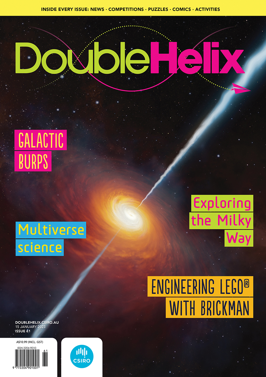 Cover of 'Double Helix' magazine issue 61, showing a digital illustration of a galaxy in space.