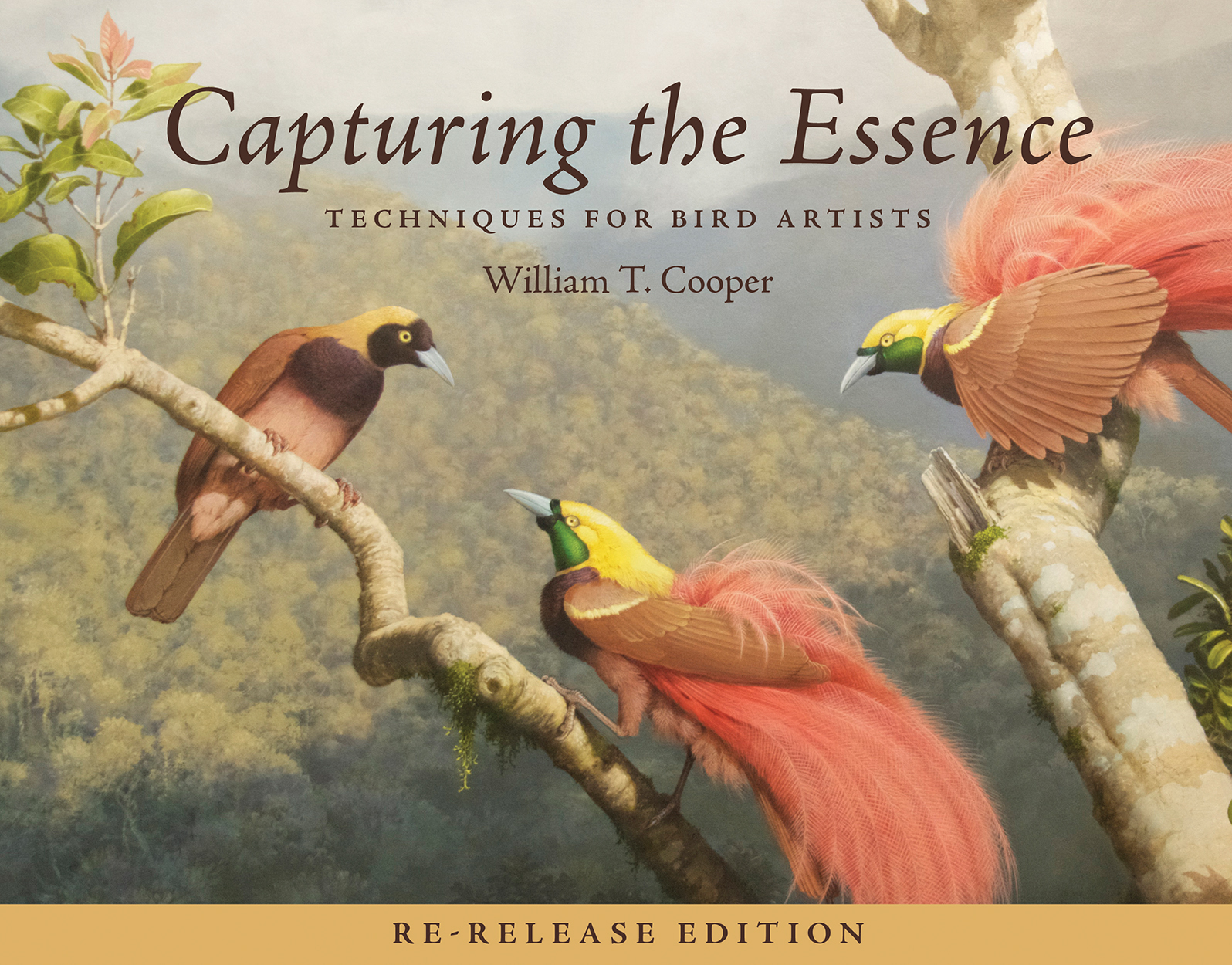 Cover of 'Capturing the Essence', featuring artwork of three Raggiana birds of paradise perched on branches in front of a valley.
