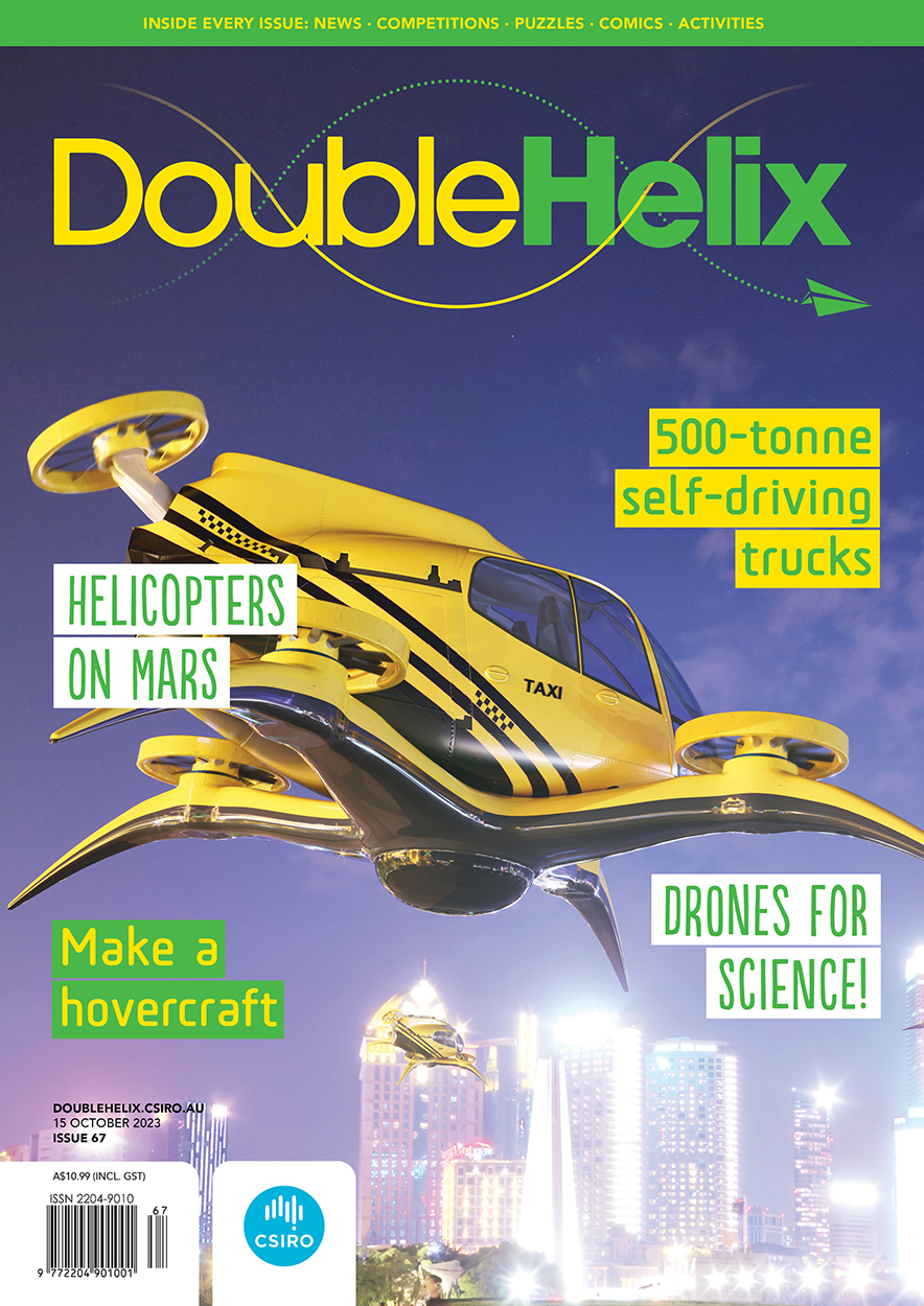 Cover of 'Double Helix' magazine issue 67, featuring digital art of a yellow taxi drone flying through a city with brightly-lit skyscrapers.