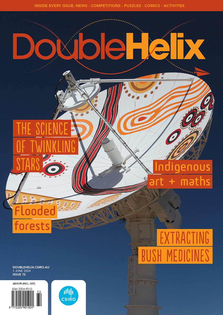 Cover of 'Double Helix' magazine issue 72 featuring a satellite dish painted with artwork derived from Caterpillar Tracks, by Arrernte painter Roseann
