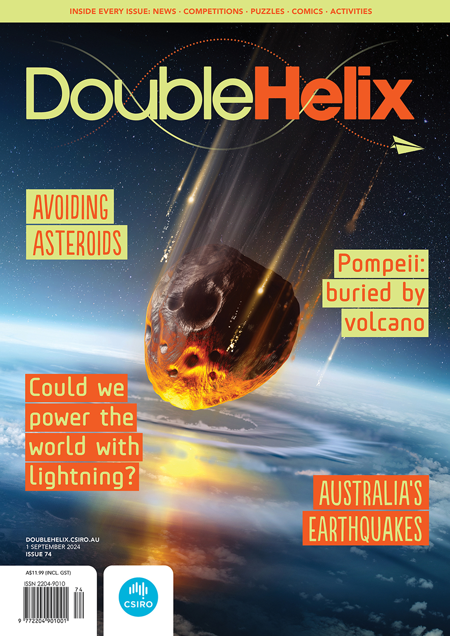Cover of 'Double Helix' magazine issue 74 showing a large asteroid about to hit a planet.