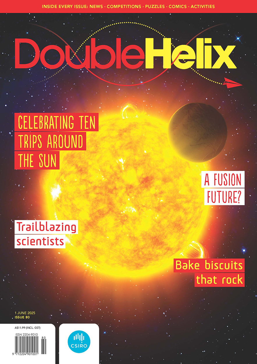 Cover of 'Double Helix' magazine issue 80, showing a molten sun in space, being orbited by a planet.