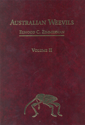 The cover image of Australian Weevils (Coleoptera: Curculionoidea) II, featuring a plain burgundy cover with gold writing, with a small gold weevil in