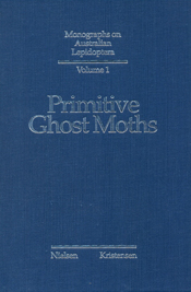 The cover image of Primitive Ghost Moths, is plain blue with silver text.