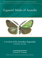 The cover image of Zygaenid Moths of Australia, featuring a moth with green wings, set against a plain white and green background.