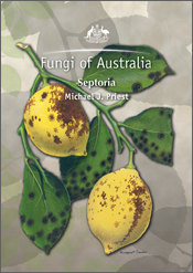 The cover image of Fungi of Australia: Septoria, featuring two yellow lemons and their green leaves covered in fungi, against a grey background.