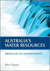 The cover image of Australia's Water Resources, featuring a blue close up of water going over a waterfall.