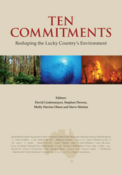 The cover image of Ten Commitments, featuring three images in a row, the first of a rainforest, the second of a school of fish and the third of a ragi