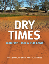 The cover image of Dry Times, featuring a blue print coloured a dark earthen red blending into dry cracked land with a home stead in the background.