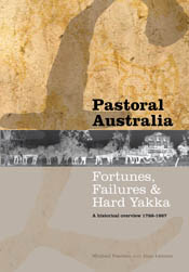 The cover image of Pastoral Australia, featuring a large British pound symbol with a grey strip across the middle of horses pulling a cart carrying ha