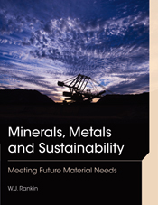 The cover image of Minerals, Metals and Sustainability, featuring a black silhouette of a large mining tool set in the earth against a vivid blue clou