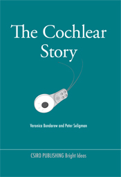 The cover image of The Cochlear Story, featuring a white cochlear hearing device set against a plain aqua green background.