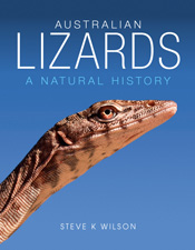 The cover image of Australian Lizards, featuring a close up side view of a lizard neck and head against a plain blue background.