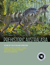 Cover of 'Prehistoric Australasia', featuring a painting of two predatory