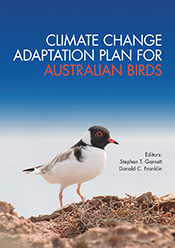 Cover image featuring a white bodied bird with a black head and a bright red eye and beak standing on beige dirt with bright blue and white sky backgr