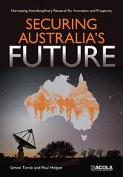 Cover with satellite dishes pointing to a map of Australia filled with an abstract picture people.