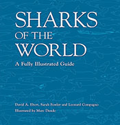 Blue cover with light blue outlines of various types of sharks