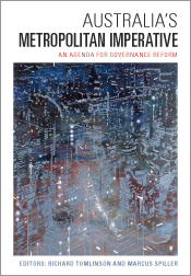 Cover of Australia's Metropolitan Imperative featuring an abstract painting of a city in darkness