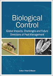 Cover of the book Biological Control, featuring a white title on a blue background, and a row of three images showing biological control agents.