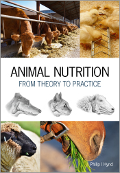 Cover of Animal Nutrition featuring photos of cows, chicks, a horse and a sheep feeding, and illustrations of dog, cat and sheep heads with digestive