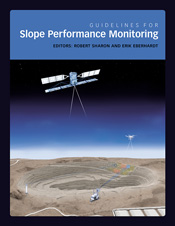 Cover of Guidelines for Slope Performance Monitoring featuring an illustration of a satellite overlooking an open pit mine