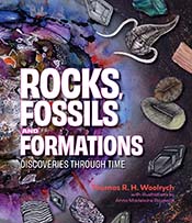 Cover of 'Rocks, Fossils and Formations', featuring illustrations of various fossils, types of rock and gemstones.