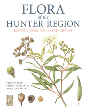 Cover of Flora of the Hunter Region featuring botanical illustrations of Angophora inopina leaves, flowers and gumnuts