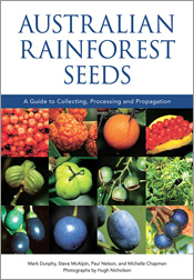 Cover of Australian Rainforest Seeds featuring bright orange, green and blue seeds in a grid on a white background